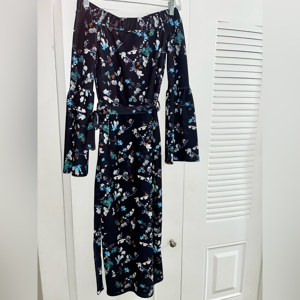 ASOS Silver Bloom Bardot Midi Dress in Ditsy Floral with Exaggerated Sleeve
